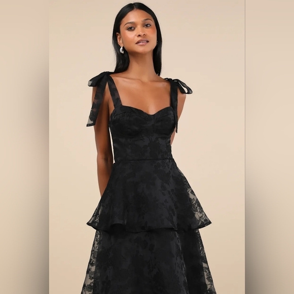 Lulus Glamorous Sweetie Black Burnout Tie-Strap Bustier Midi Dress S Wedding - Picture 4 of 10